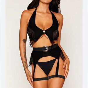 Brand New Dreamgirl Cowgirl Faux Suede Fringe Bralette & Garter Belt Set Black